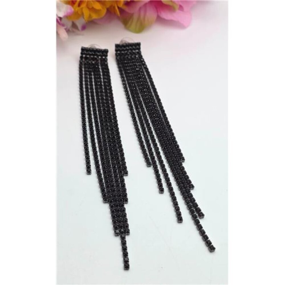 Black Cubic Zirconia Tassel Tennis Earrings 6" Long Gunmetal Tone Elegant